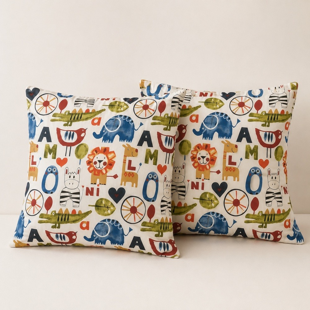 Safari Animal Alphabet Cotton Throw Cushion Cover Nursery Decor 18x18 MultiColor